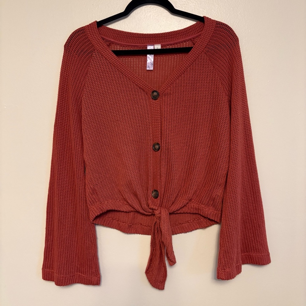 Alya Rust Button-Down Tie Front Knit Top Size Small